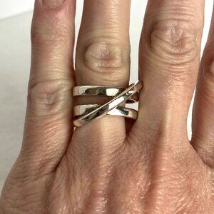 Sterling Silver 925 Asymmetric Criss Cross Lines Saturn Band Ring Sz 7